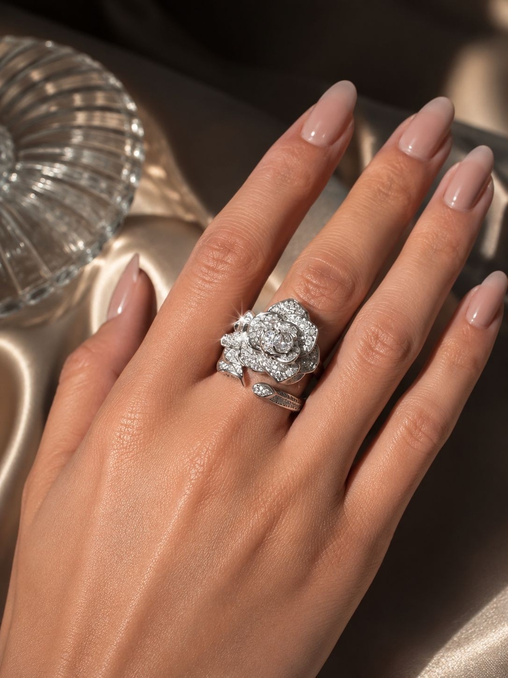 Silver Crystal Rose Statement Ring | Luxe Floral Cocktail Ring | Sparkling Rhine - Picture 4 of 7